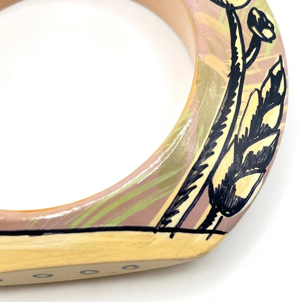 Vintage Lacquered Hand-Painted Floral Flower Mauve Purple Wood Bangle Bracelet